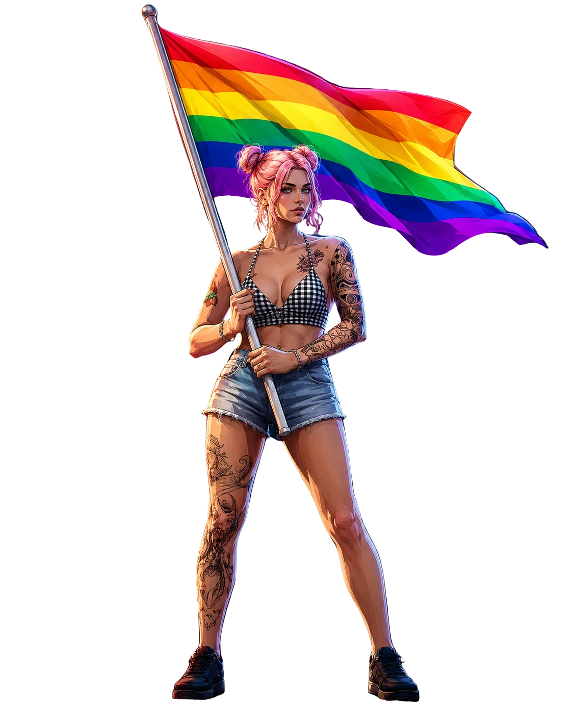 Personaje sosteniendo la bandera del orgullo LGBTQIA+ en Nueva Vida Los Santos