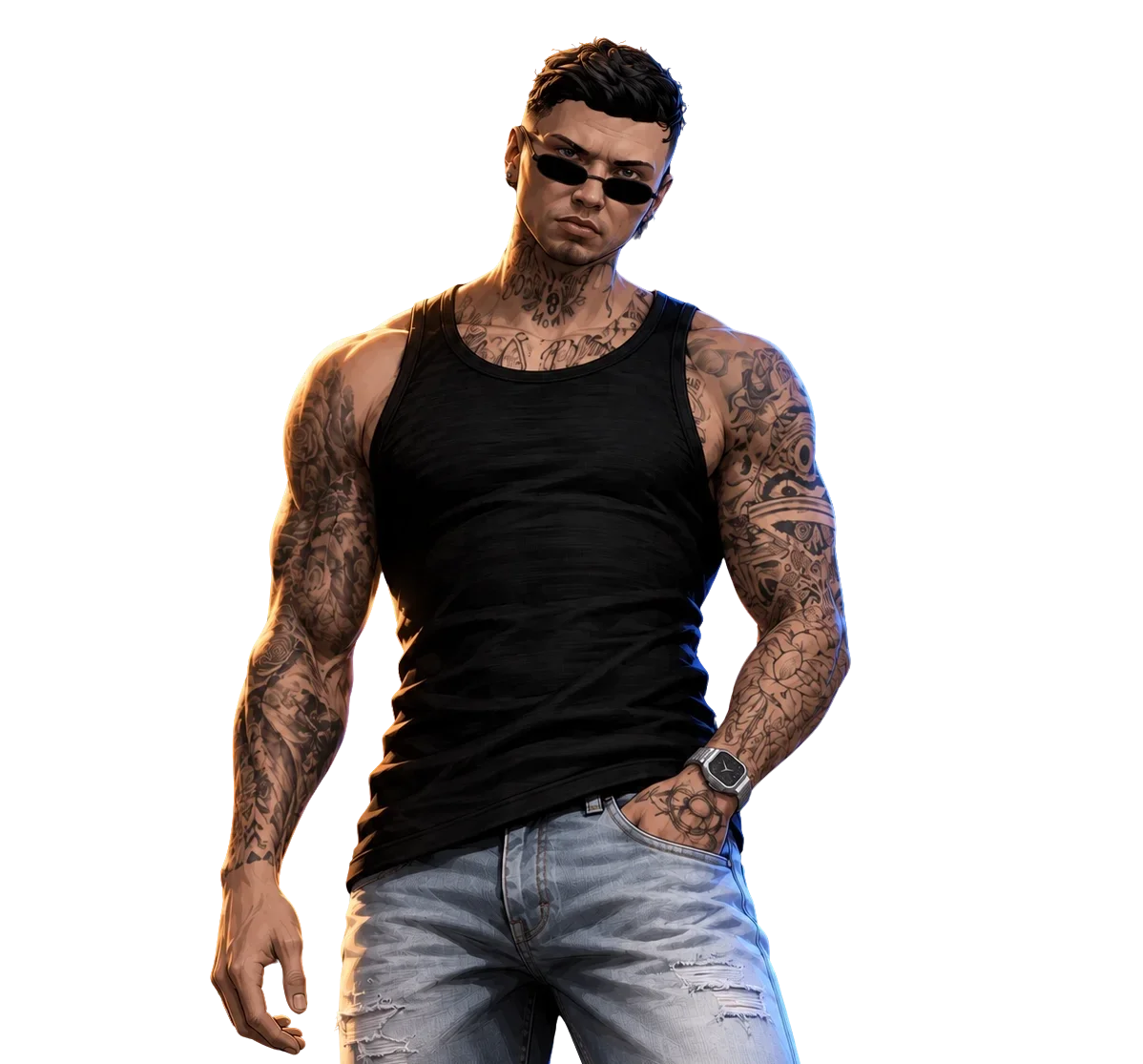 Personaje con gafas de sol y tatuajes en el servidor Nueva Vida Los Santos